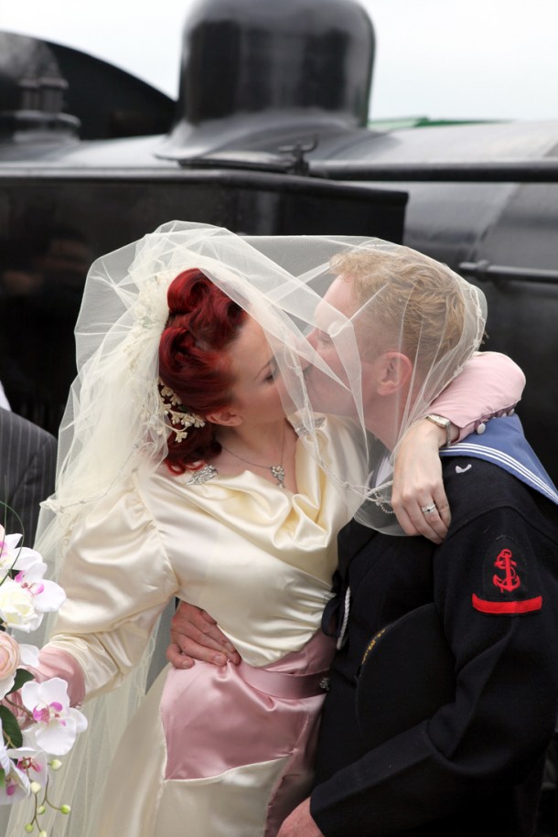 vintage wedding kiss